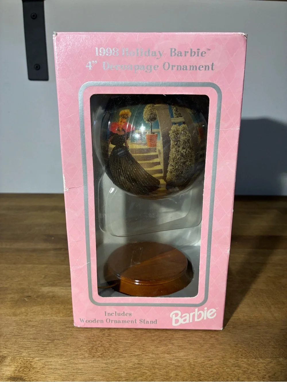 Barbie 1998 Holiday Barbie 4in Decoupage Christmas Ornament w/ Wooden Stand